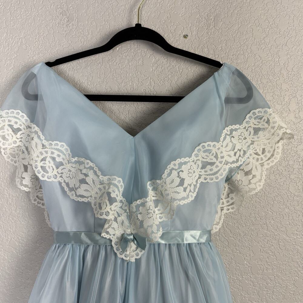 Vintage 70s Prairie Maxi Dress Gown Chiffon Lace Ruffles Light Blue Size XS - Picture 12 of 12